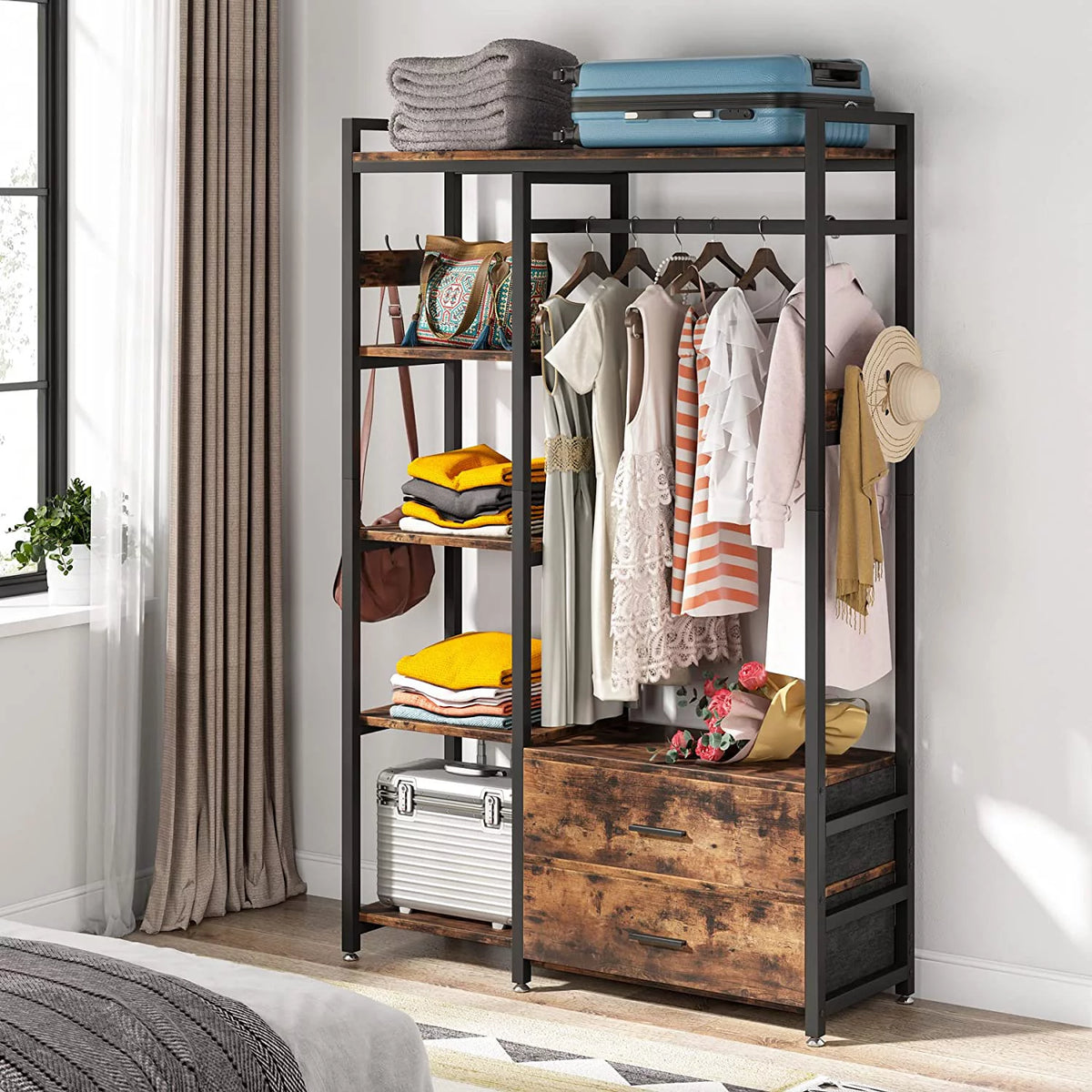 Freestanding Clothes Rack with Drawers and Shelves, Rustic Brown X461