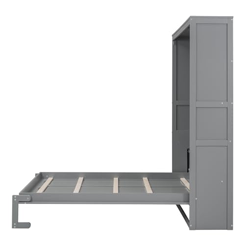 Gray Queen Murphy Bed Frame with Storage Shelves F768