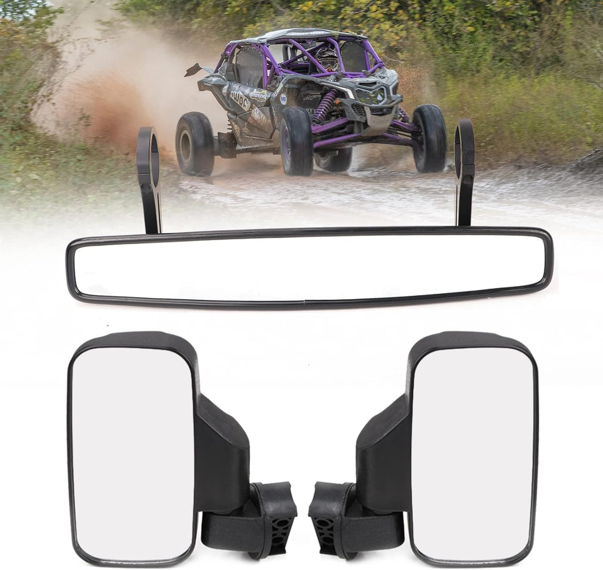 UTV Side Rear View Mirrors and Center View Mirror for 1.75” Roll Bar Mount E9816