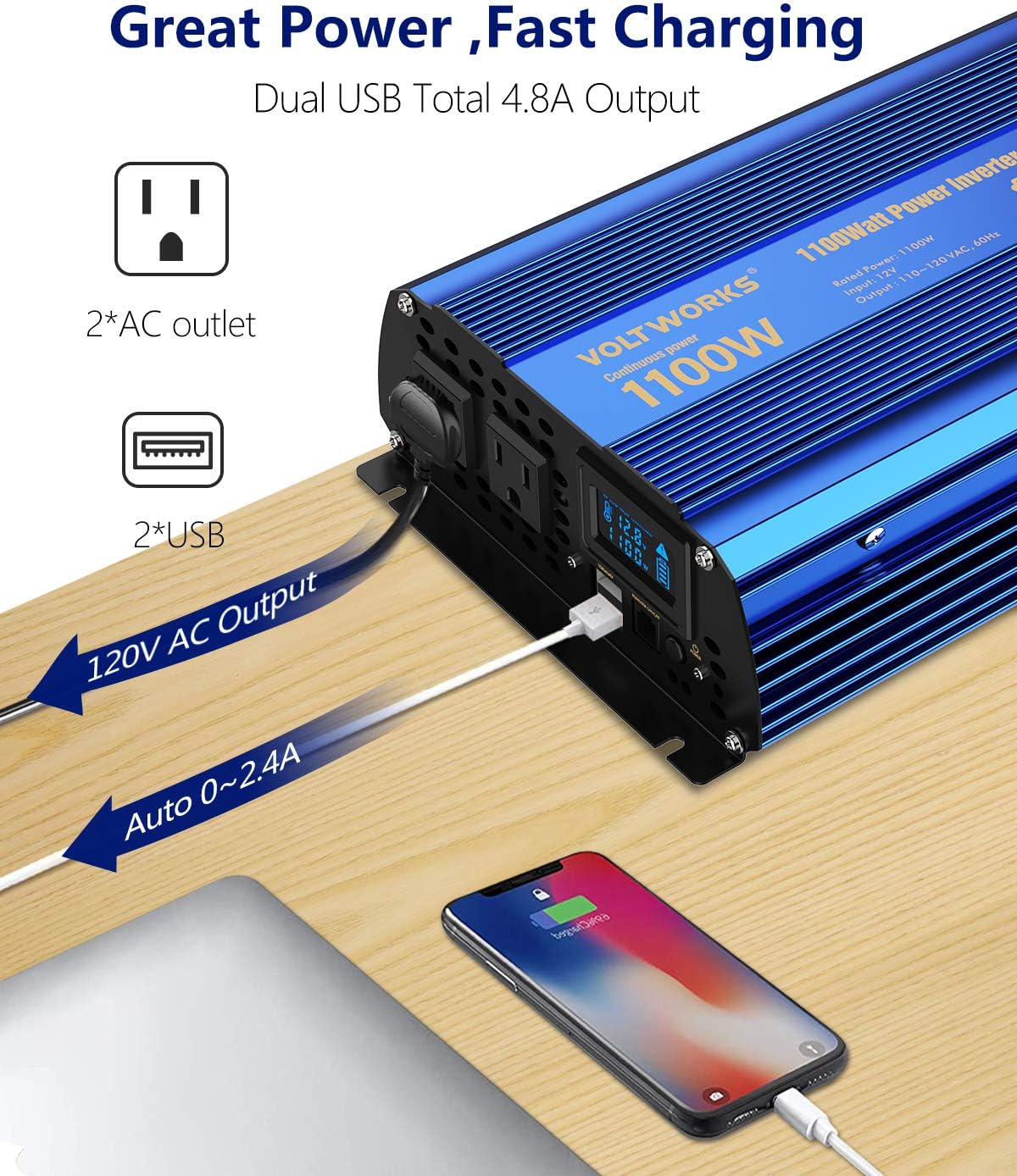 2000w DC 12V to AC 120V Modified Sine Wave Inverter with LCD Display Remote Control and 3AC Outlets Dual 2.4A USB Ports J47268
