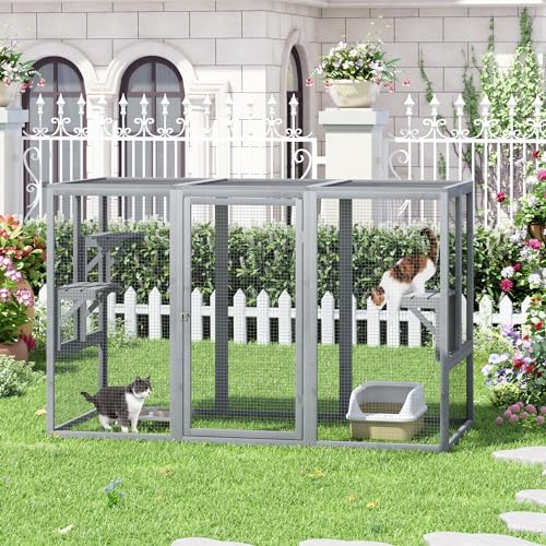 Grey Wooden Cat Cage with 3 Platforms and Litter Box Z99231