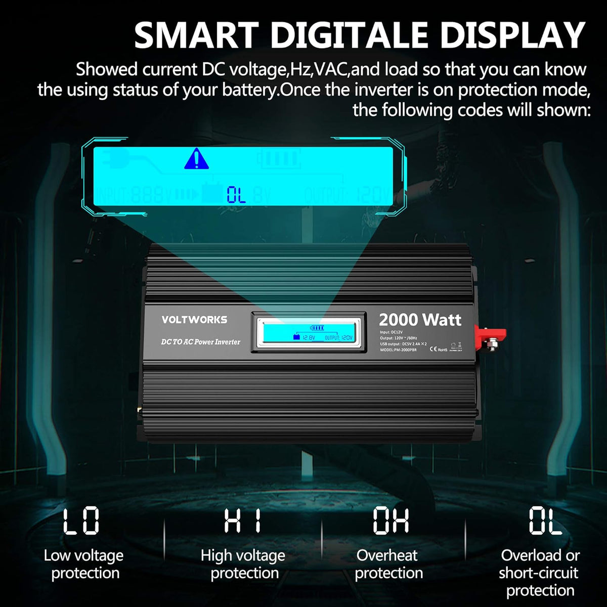 2000w DC 12V to AC 120V Modified Sine Wave Inverter with LCD Display Remote Control and 3AC Outlets Dual 2.4A USB Ports J47268