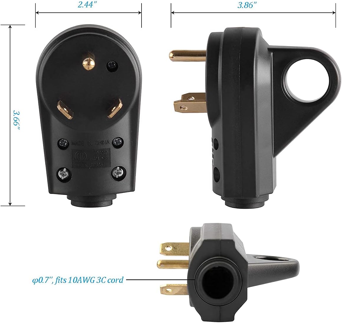 30 Amp RV Plug Male Replacement 3 Prong Electrical Power Connector Pack of 2 N6619