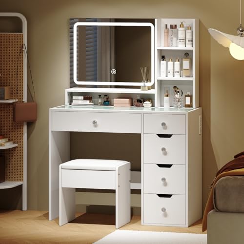 White Vanity Desk with Mirror and LED Lights, 5 Drawers, Stool T931878
