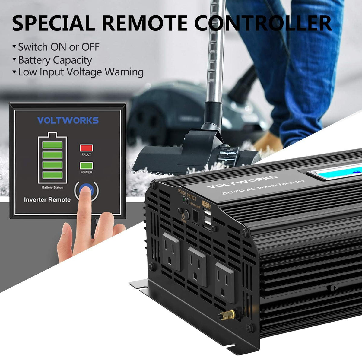 2000w DC 12V to AC 120V Modified Sine Wave Inverter with LCD Display Remote Control and 3AC Outlets Dual 2.4A USB Ports J47268