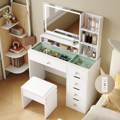 White Vanity Desk with Mirror and LED Lights, 5 Drawers, Stool T931878