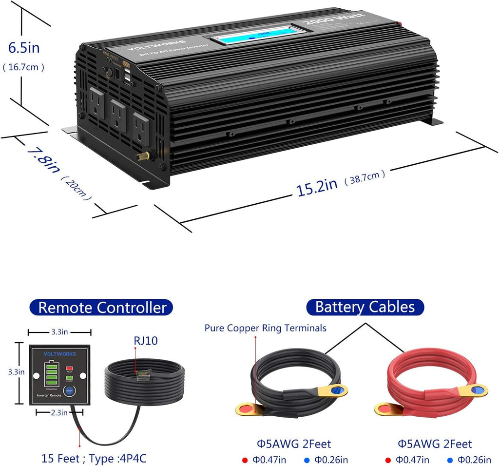 2000w DC 12V to AC 120V Modified Sine Wave Inverter with LCD Display Remote Control and 3AC Outlets Dual 2.4A USB Ports J47268