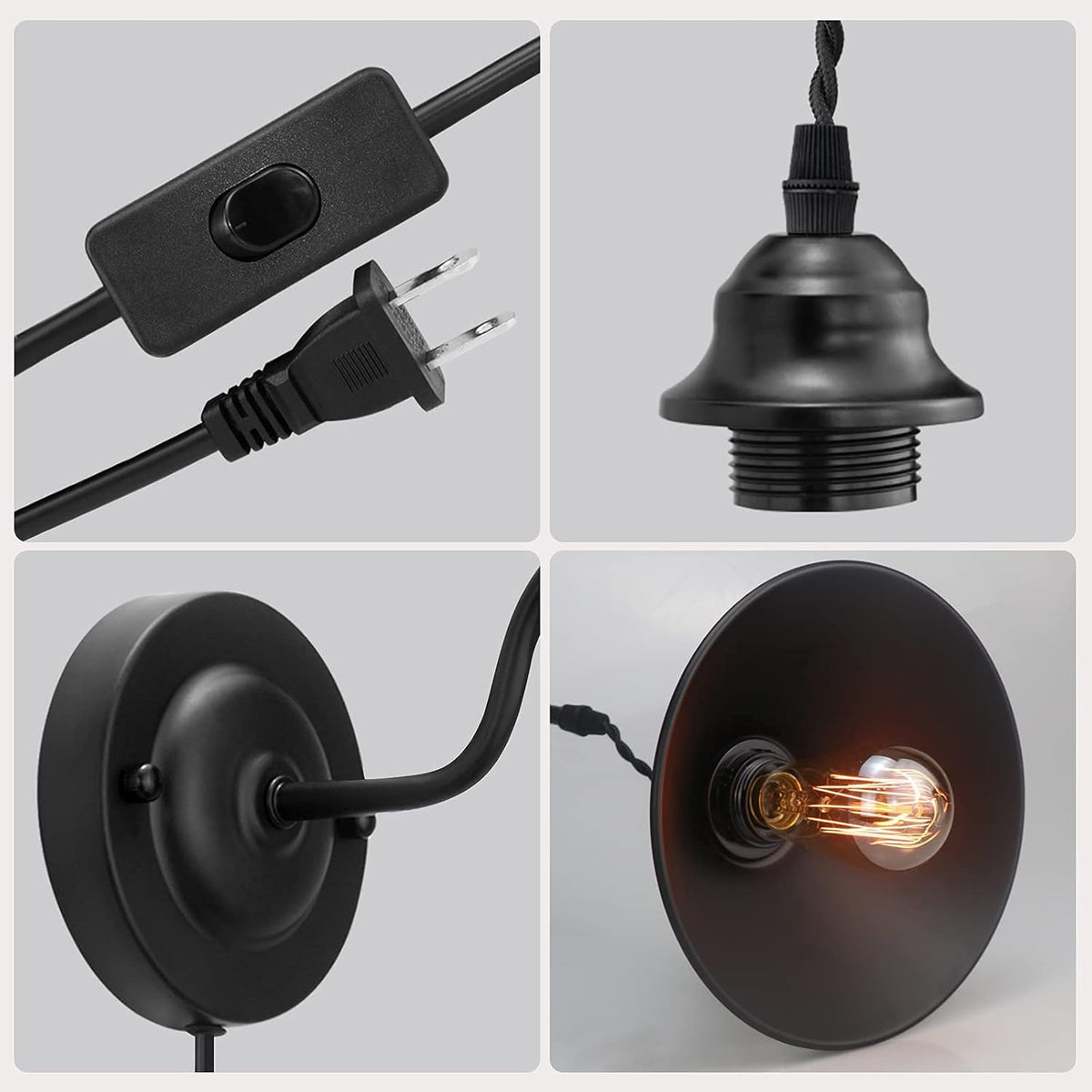 Vintage Plug in Wall Sconces Set of 2 Metal Black Wall Mounted Light Fixture H489