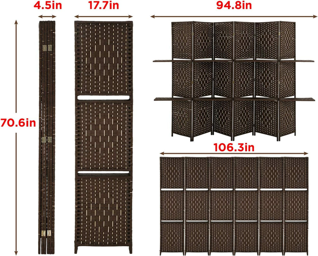 Brown 6 Panel Wooden Folding Room Divider with Shelves B863