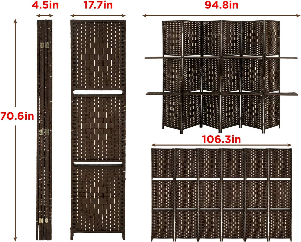 Brown 6 Panel Wooden Folding Room Divider with Shelves B863