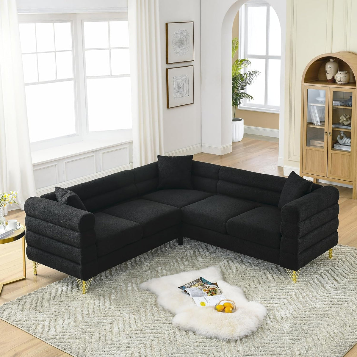 Black L-Shape Sectional Sofa 5-Seater Corner with Pillows T615
