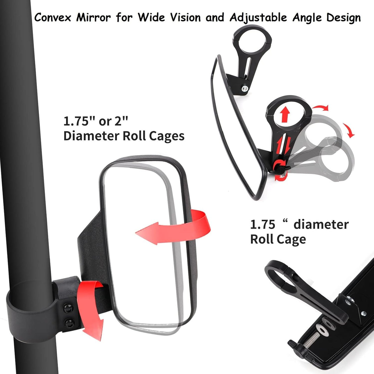 UTV Side Rear View Mirrors and Center View Mirror for 1.75” Roll Bar Mount E9816