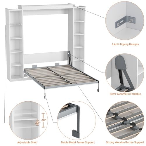 White Queen Murphy Bed Cabinet with 5-Tier Adjustable Storage Shelves X747