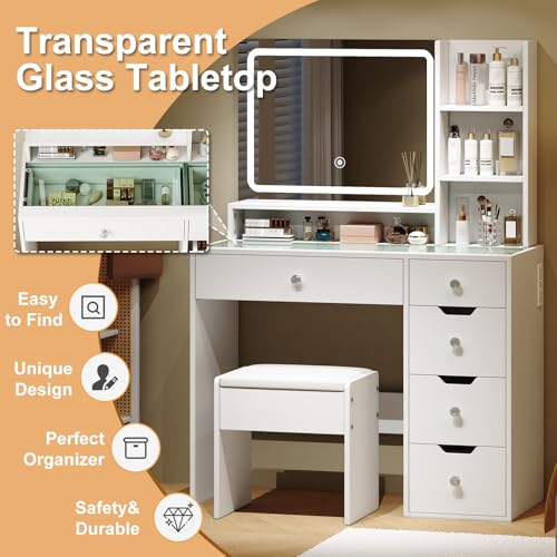 White Vanity Desk with Mirror and LED Lights, 5 Drawers, Stool T931878