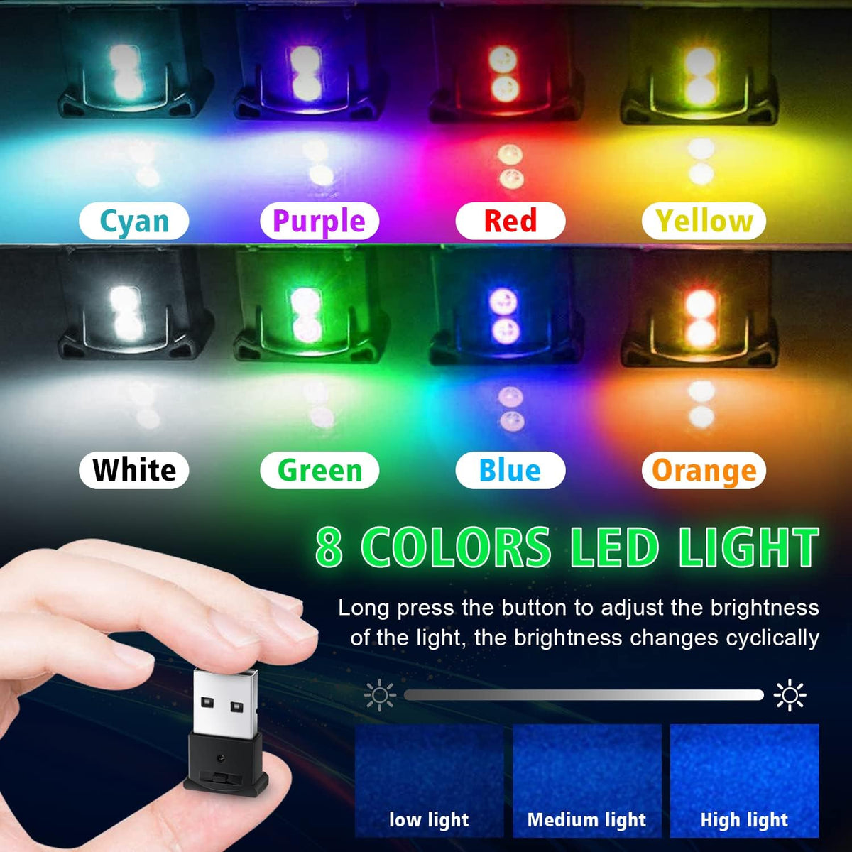 4 Pcs Mini USB LED Light, 8 Colors RGB Car LED Interior Lighting DC 5V Smart USB LED Atmosphere Light V9846