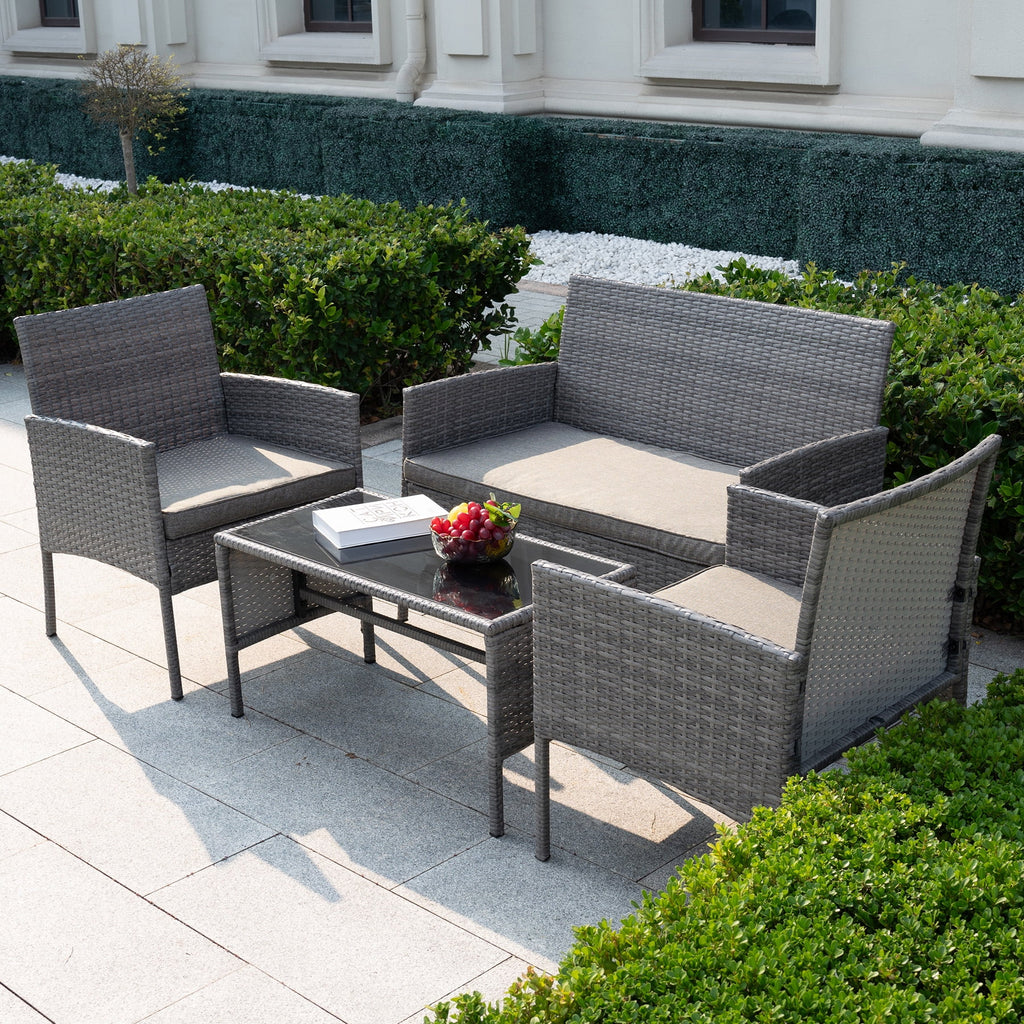 4 Piece Wicker Patio Conversation Set with Glass-Top Coffee Table & Gray Cushions U2053