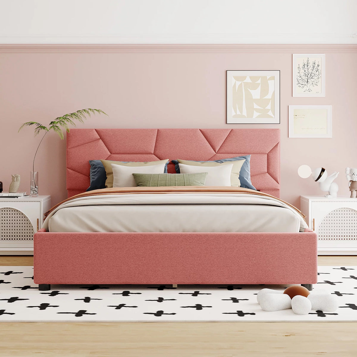Queen Size Upholstered Platform Bed with 4 Drawers D387353