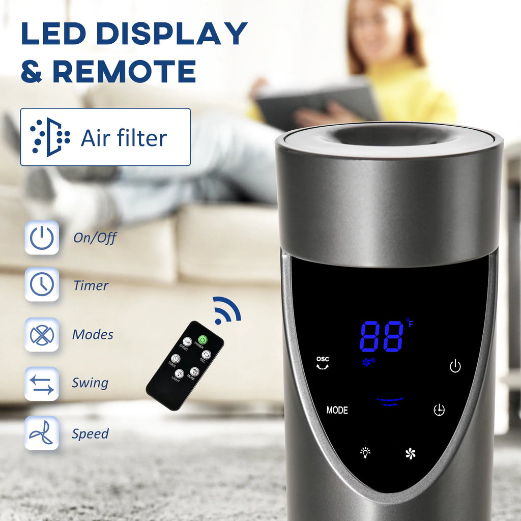 46 Tower Fan with Air Filter, Oscillating, 3 Speeds, 12H Timer, Remote Control, Grey X12035
