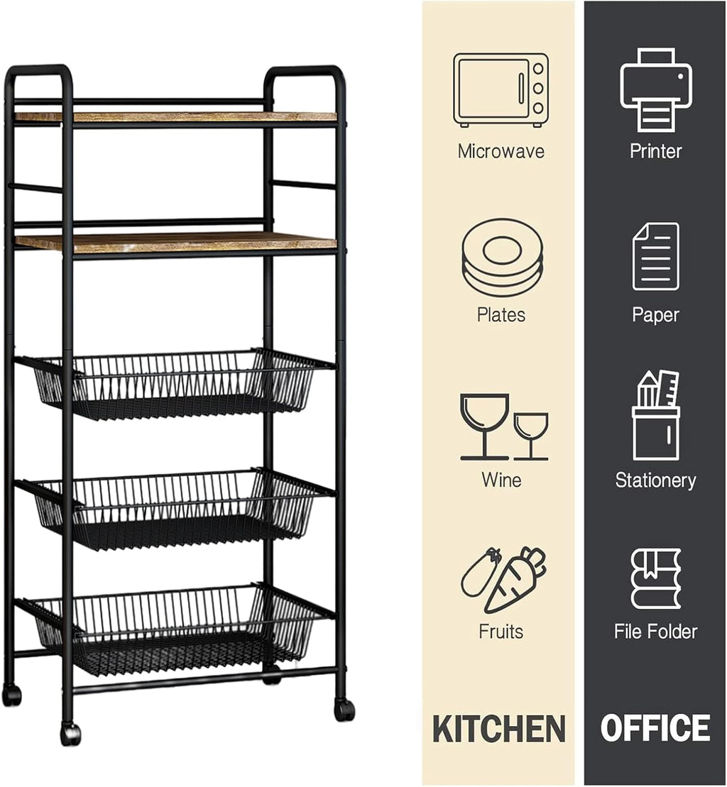 Black 5-Tier Rolling Utility Storage Cart with 3 Basket Drawers A6289
