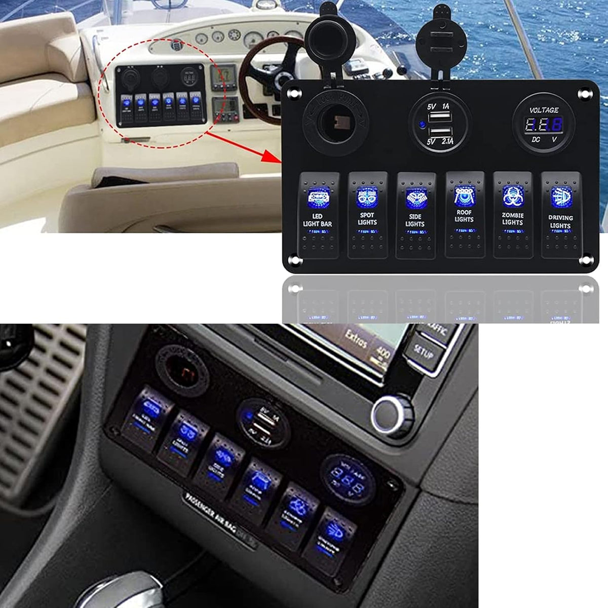 Waterproof Rocker Marine Switch Panel with USB, Blue LED, Pack of 2 W731