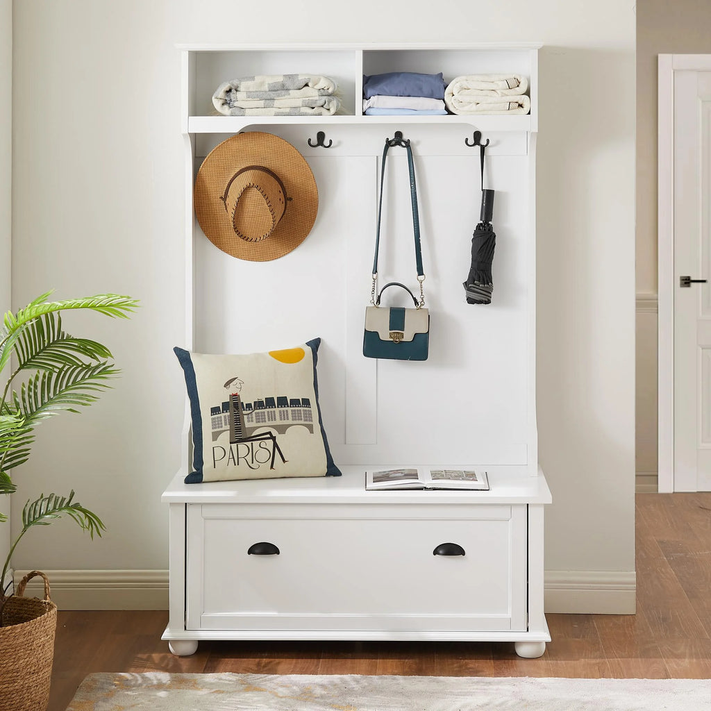 White Hall Tree Bench with Coat Rack and Shoe Cabinet A461