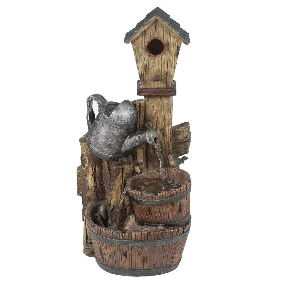 Polyresin Bird House Post and Water Can Patio Fountain D505