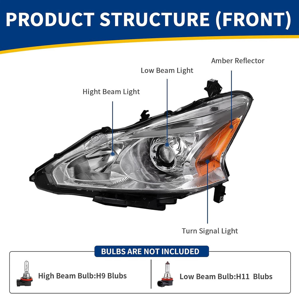 Projector Headlight Assembly for 2013 2014 2015 Altima 4-Door Sedan Chrome Housing C352086