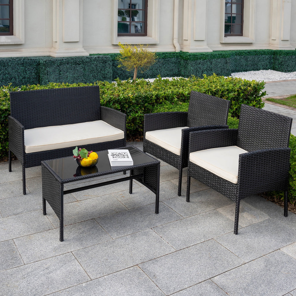 4 Piece Wicker Patio Conversation Set with Glass-Top Coffee Table & Gray Cushions U2053