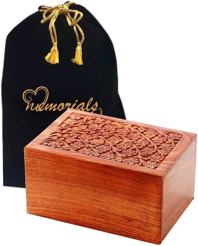 Solid Rosewood Handcarved Wood Urn with Engraved Brass Plate, Large, Pack of 2 P16468