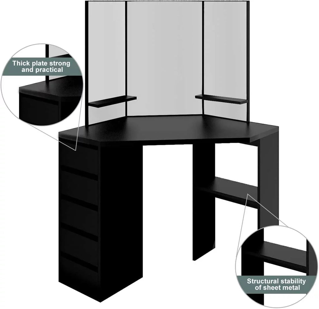 Black 5 Drawer Vanity Table with Three-Fold Mirror W848