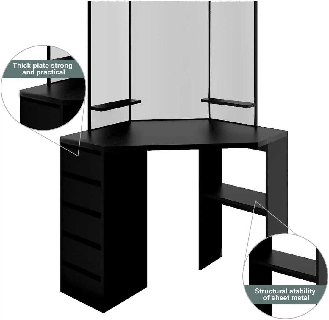 Black 5 Drawer Vanity Table with Three-Fold Mirror W848