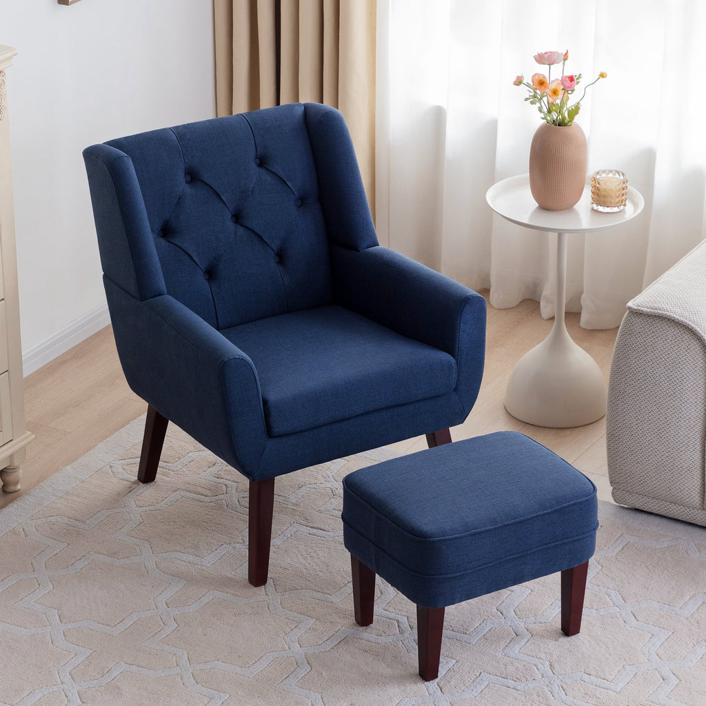 Blue Linen Fabric Tufted Accent Chair with Ottoman D13067