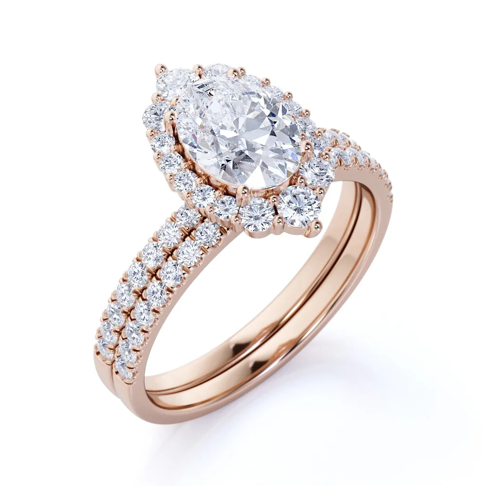 Vintage Oval Cut Real Diamond Pave Wedding Ring Set in 10k Rose Gold V732603