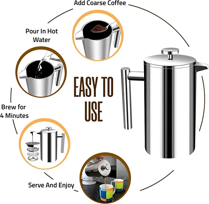 Stainless Steel French Press Coffee Maker 34 Oz with 2 Extra Filters V33699