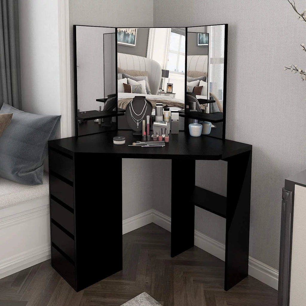 Black 5 Drawer Vanity Table with Three-Fold Mirror W848