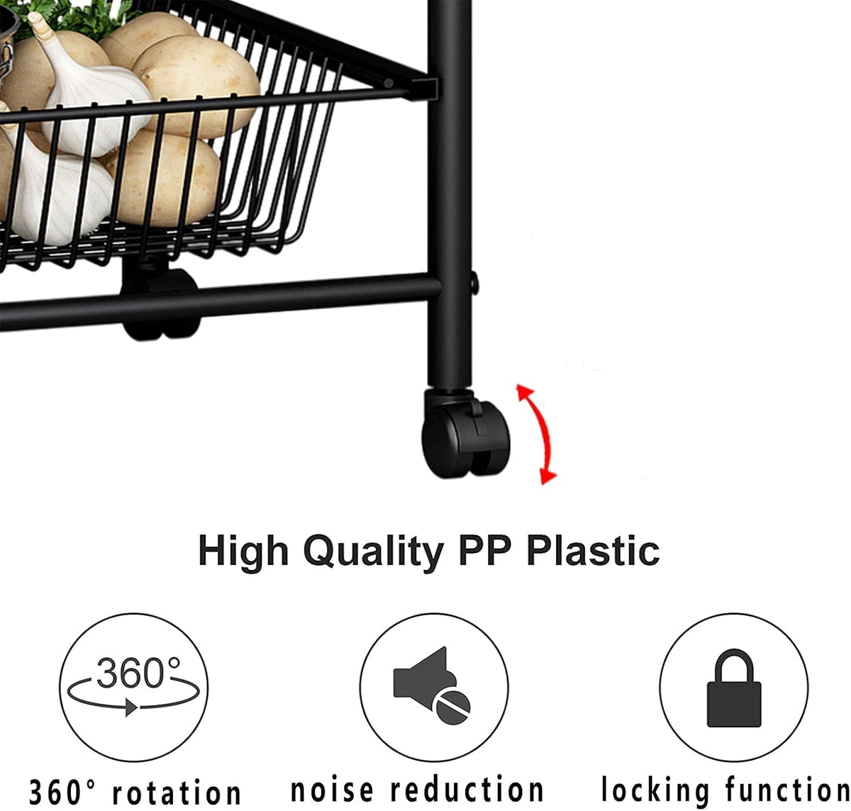 Black 5-Tier Rolling Utility Storage Cart with 3 Basket Drawers A6289