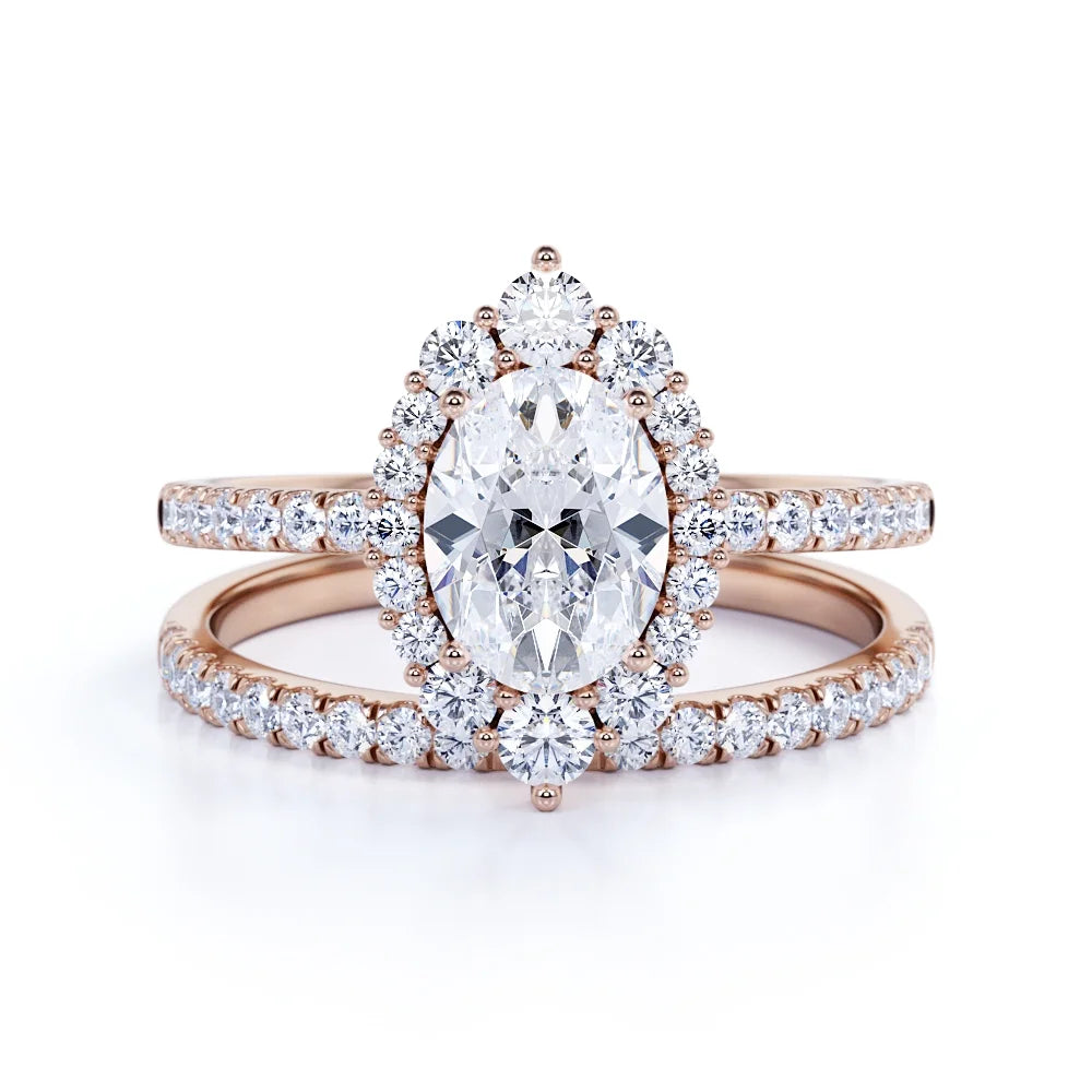 Vintage Oval Cut Real Diamond Pave Wedding Ring Set in 10k Rose Gold V732603