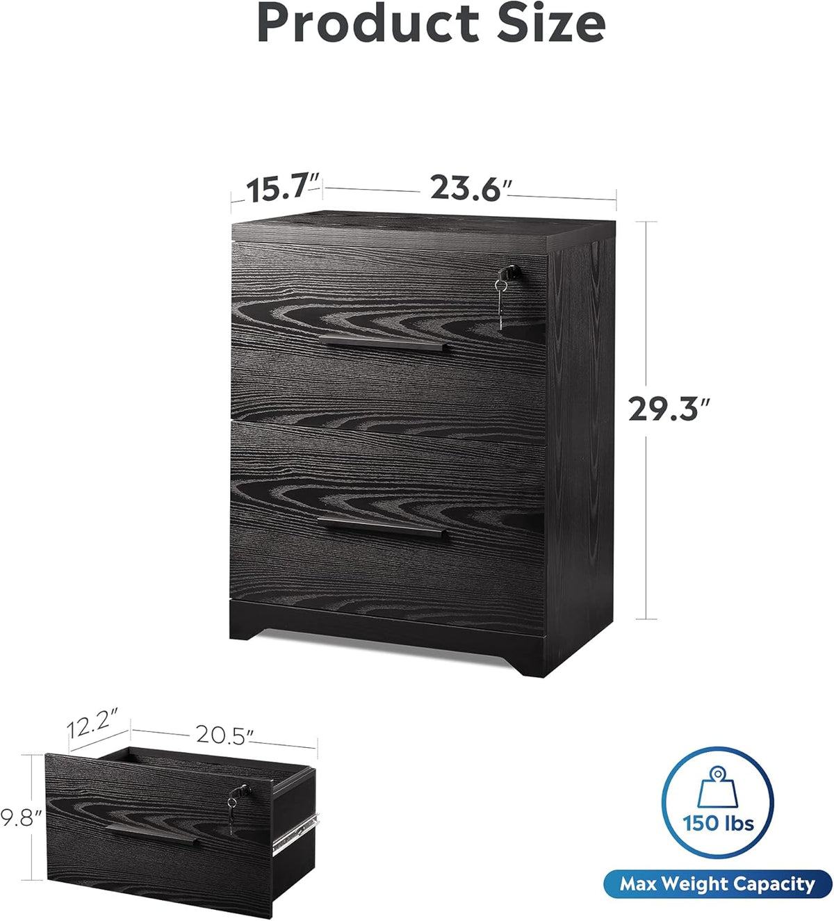 Black 2-Drawer Wood Lateral File Cabinet with Lock A1325