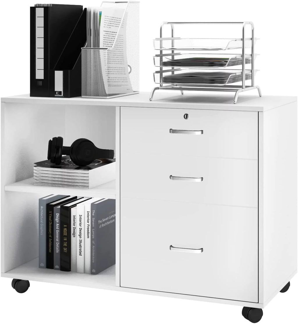 White 3 Drawer Wood File Cabinet with Storage Shelves A354