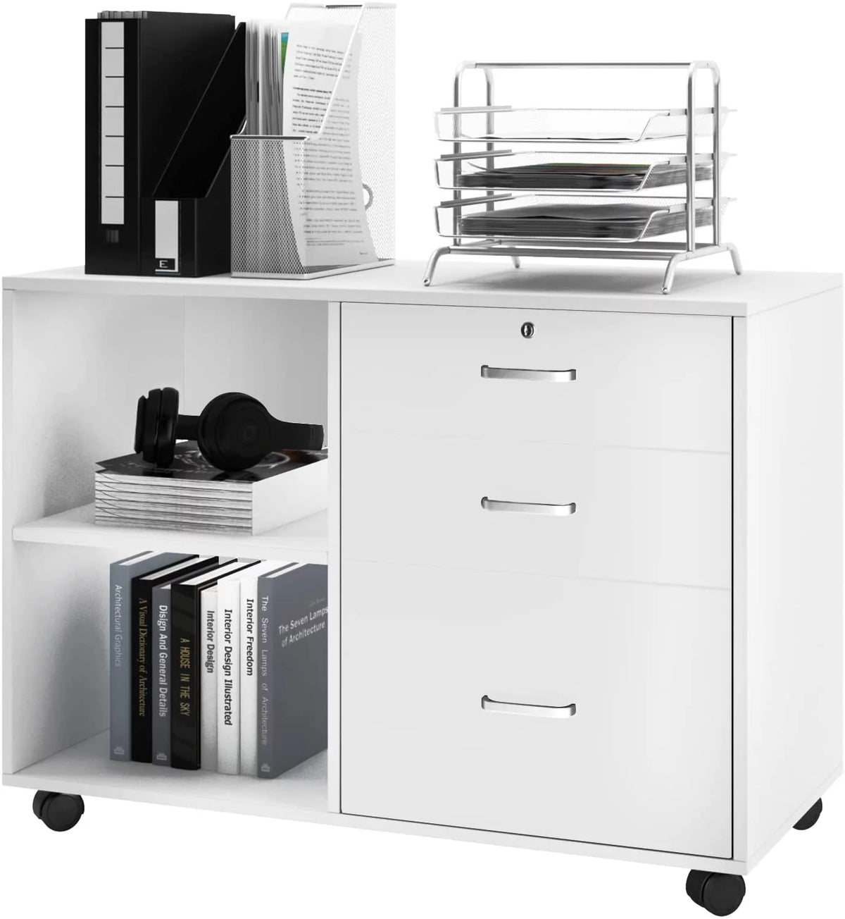White 3 Drawer Wood File Cabinet with Storage Shelves A354