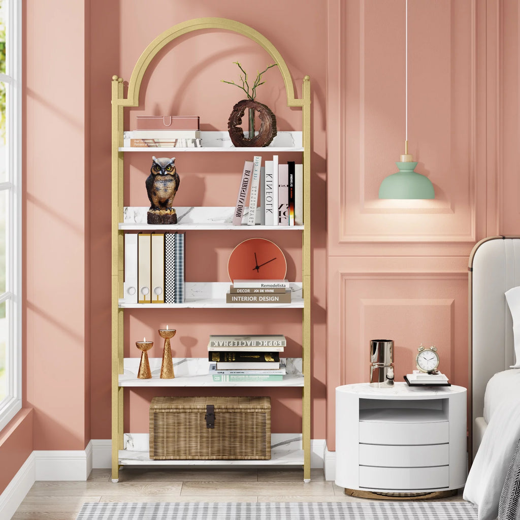 72.4 inch Tall Gold Metal 5 Shelf Arched Bookcase K8421