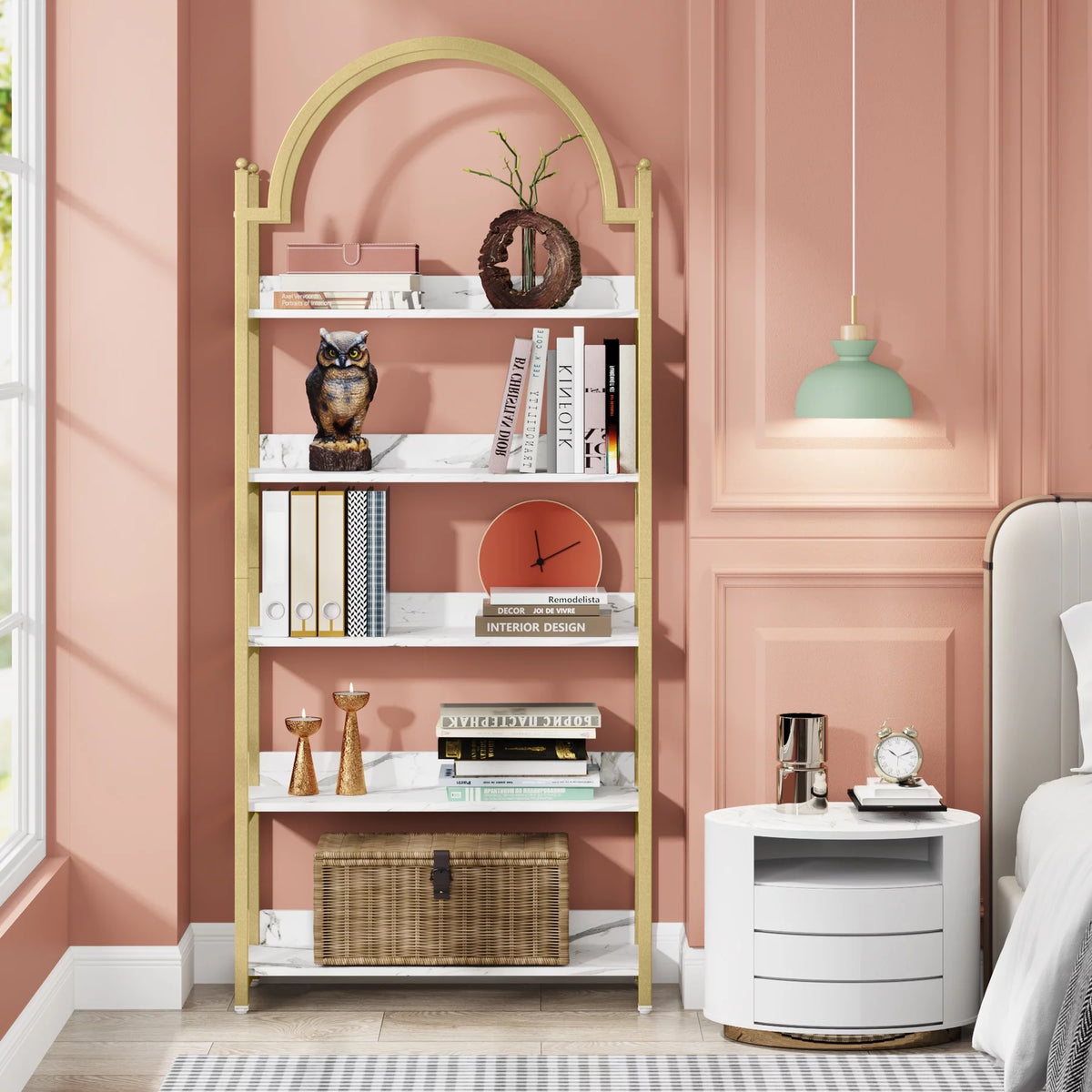 72.4 inch Tall Gold Metal 5 Shelf Arched Bookcase K8421
