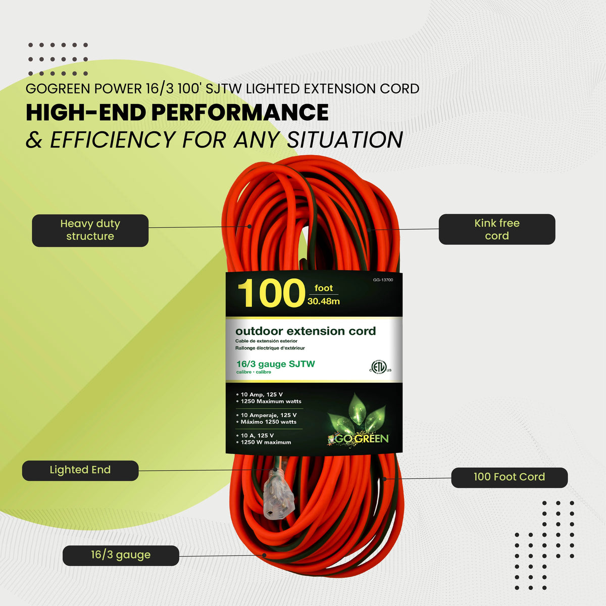16/3 100 Ft SJTW Outdoor Extension Cord with Lighted End Z4968