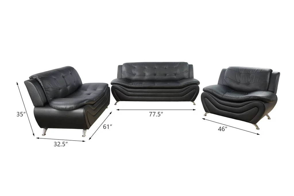 3 Piece Faux Leather Sofa Loveseat and Chair Set Black I191