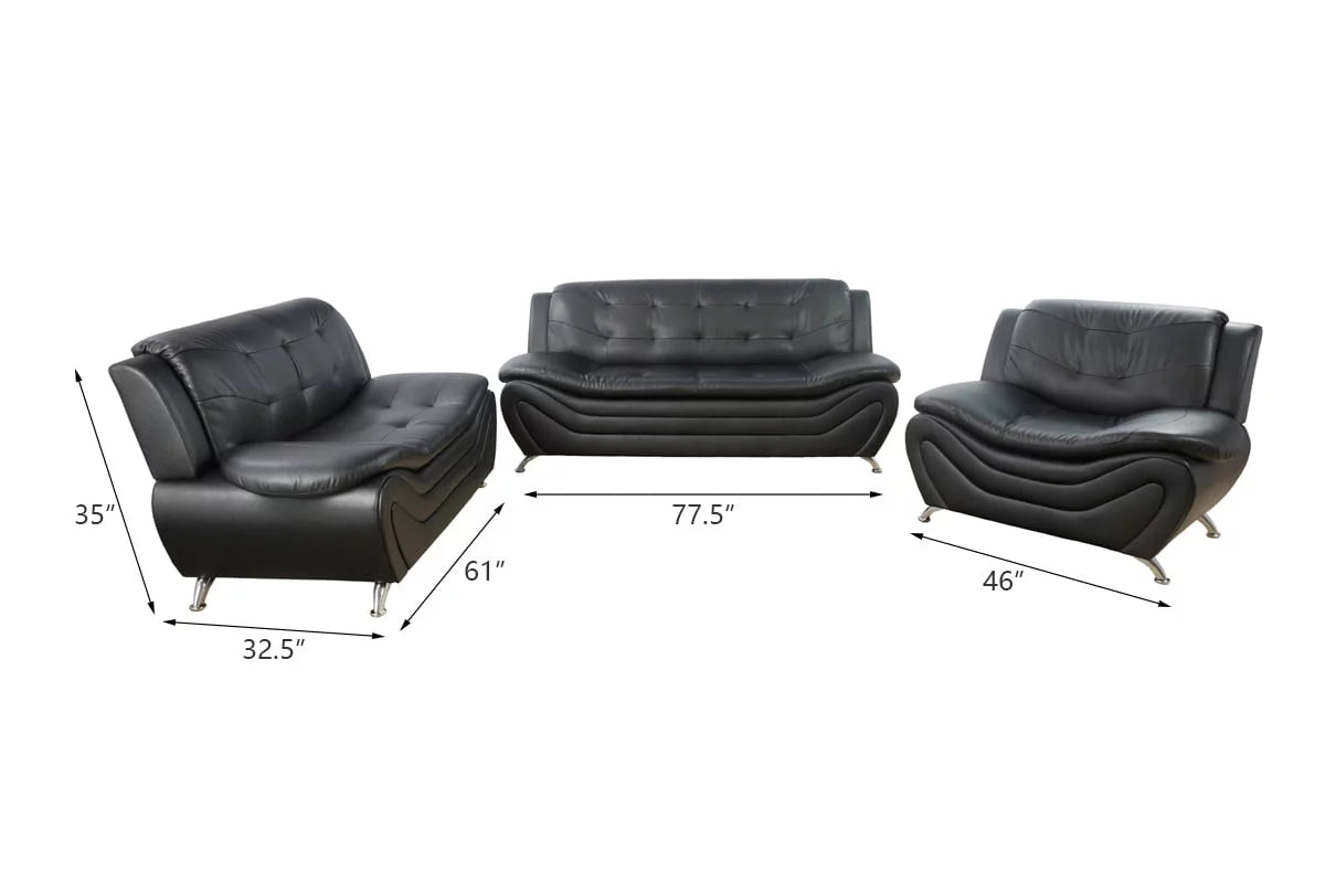 3 Piece Faux Leather Sofa Loveseat and Chair Set Black I191