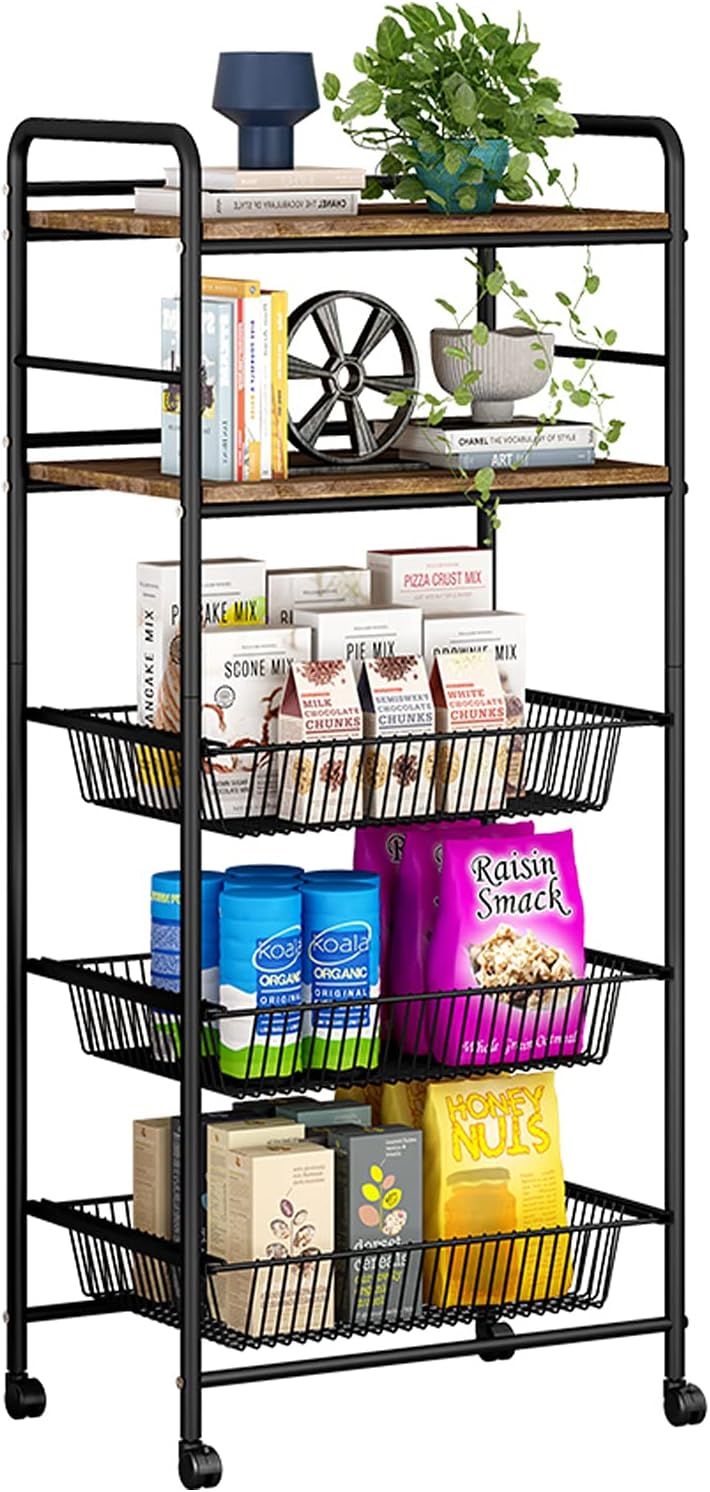 Black 5-Tier Rolling Utility Storage Cart with 3 Basket Drawers A6289