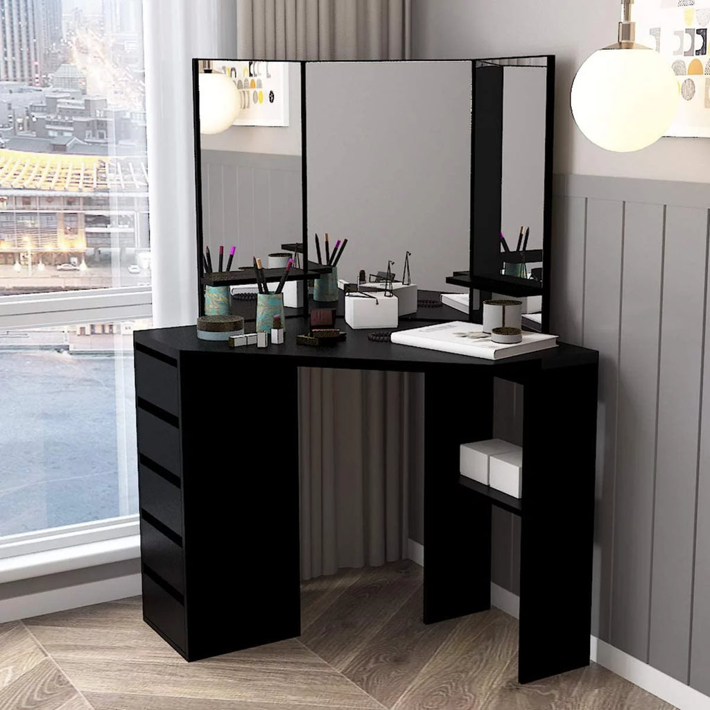 Black 5 Drawer Vanity Table with Three-Fold Mirror W848