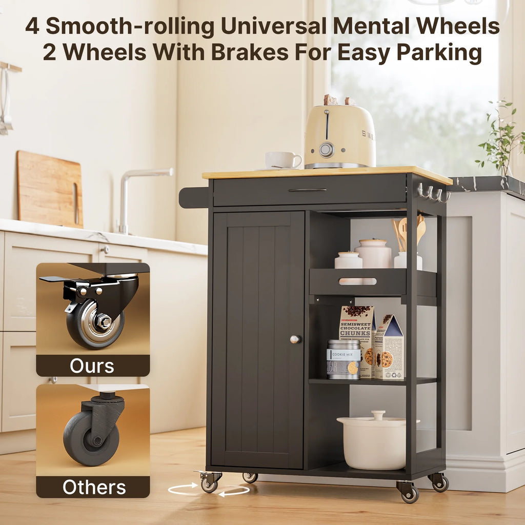 Black Kitchen Island Cart with Drawer and 3 Open Storage Shelves I7052