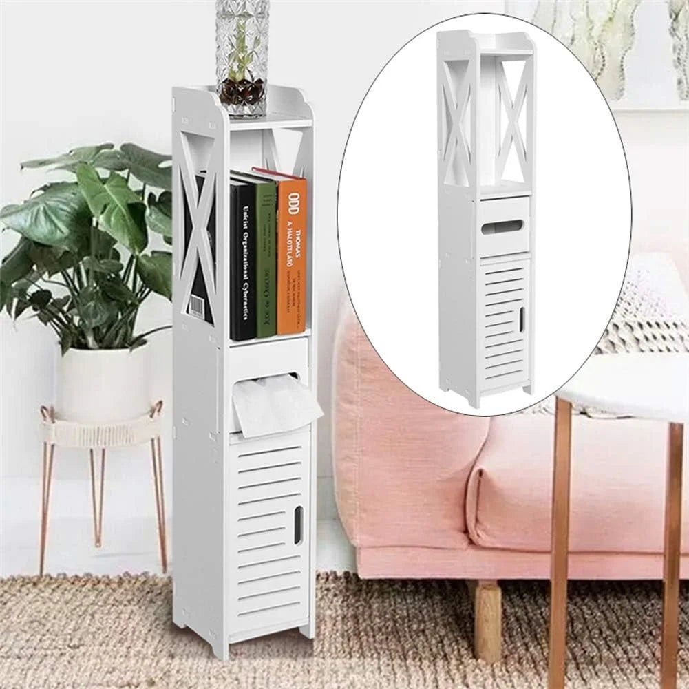 White 4 Tier Bathroom Storage Cabinet with 1 Door and 3 Shelves V830867