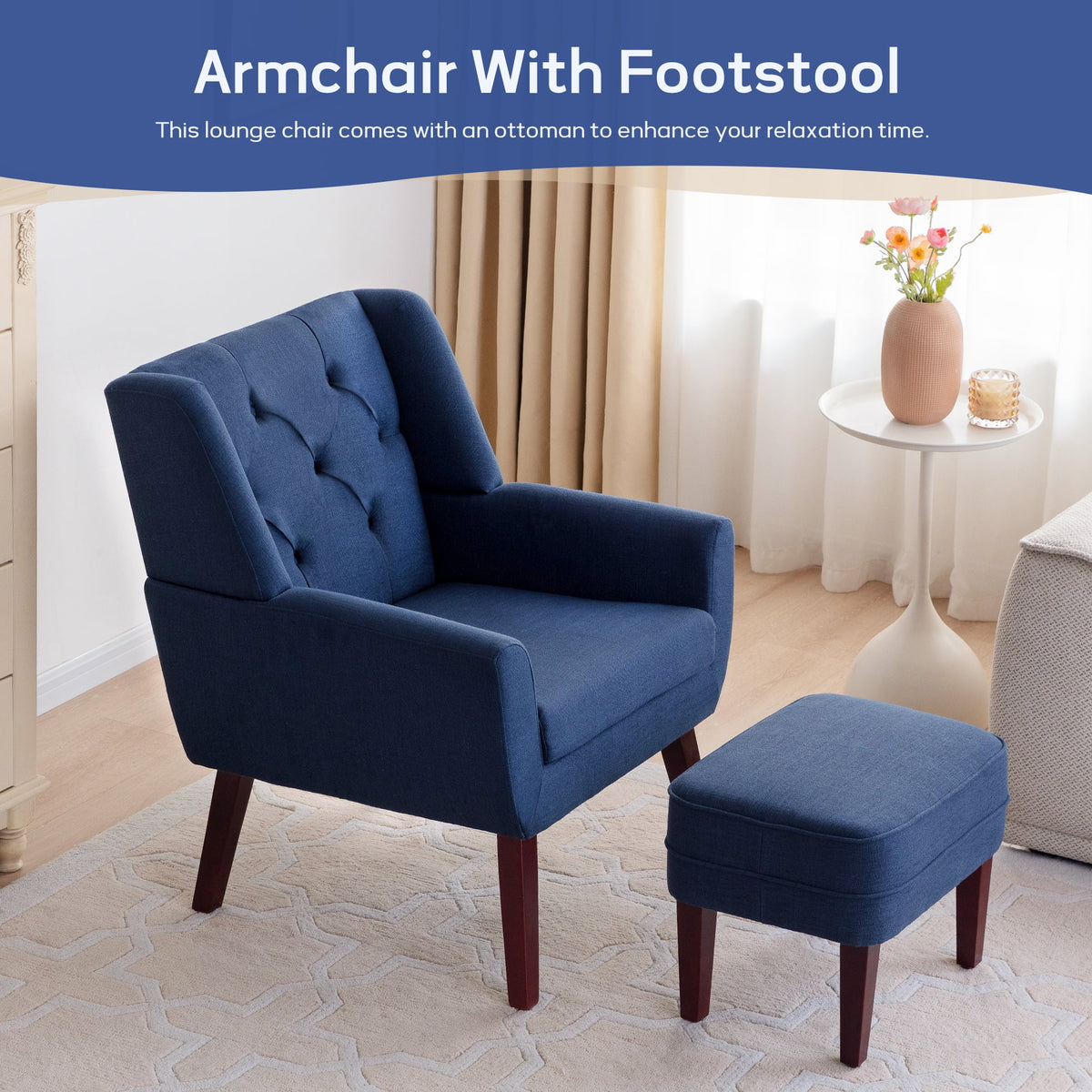 Blue Linen Fabric Tufted Accent Chair with Ottoman D13067